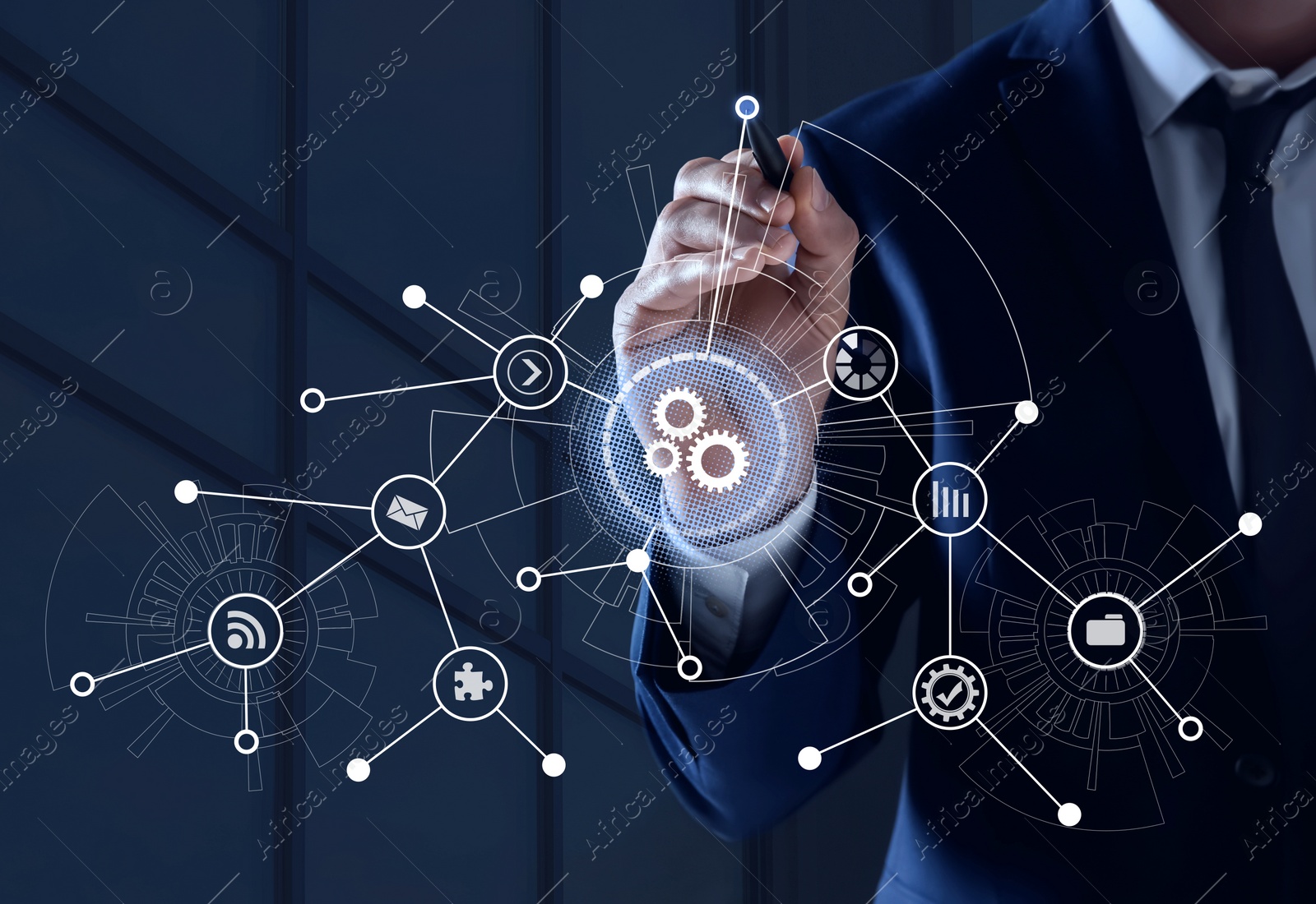 Image of Businessman drawing gear mechanism and modern building on background, closeup