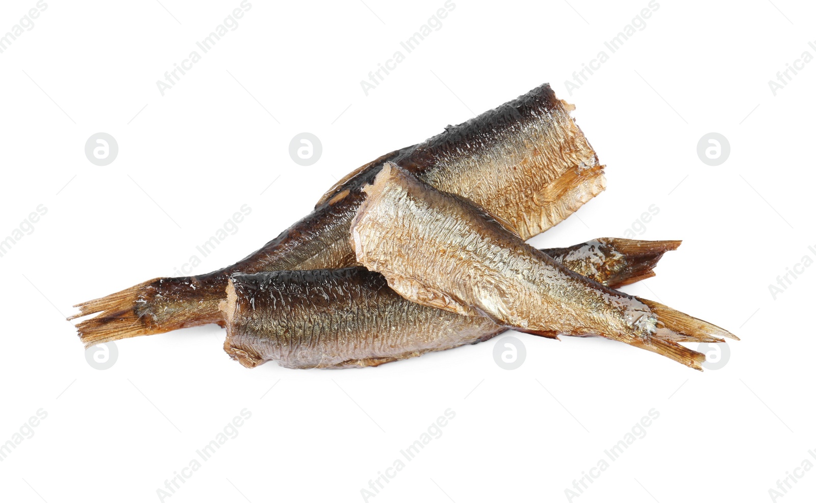 Photo of Tasty canned sprats isolated on white, top view