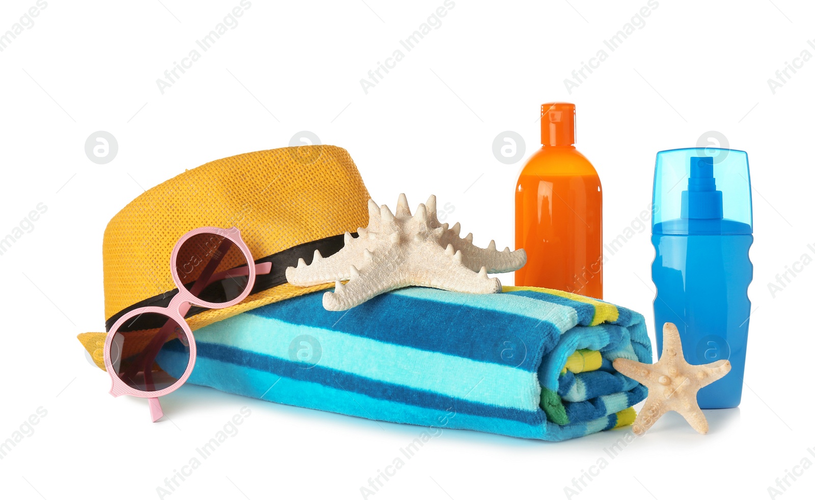 Photo of Composition with beach accessories on white background