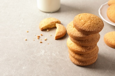 Photo of Stack of Danish butter cookies on table. Space for text