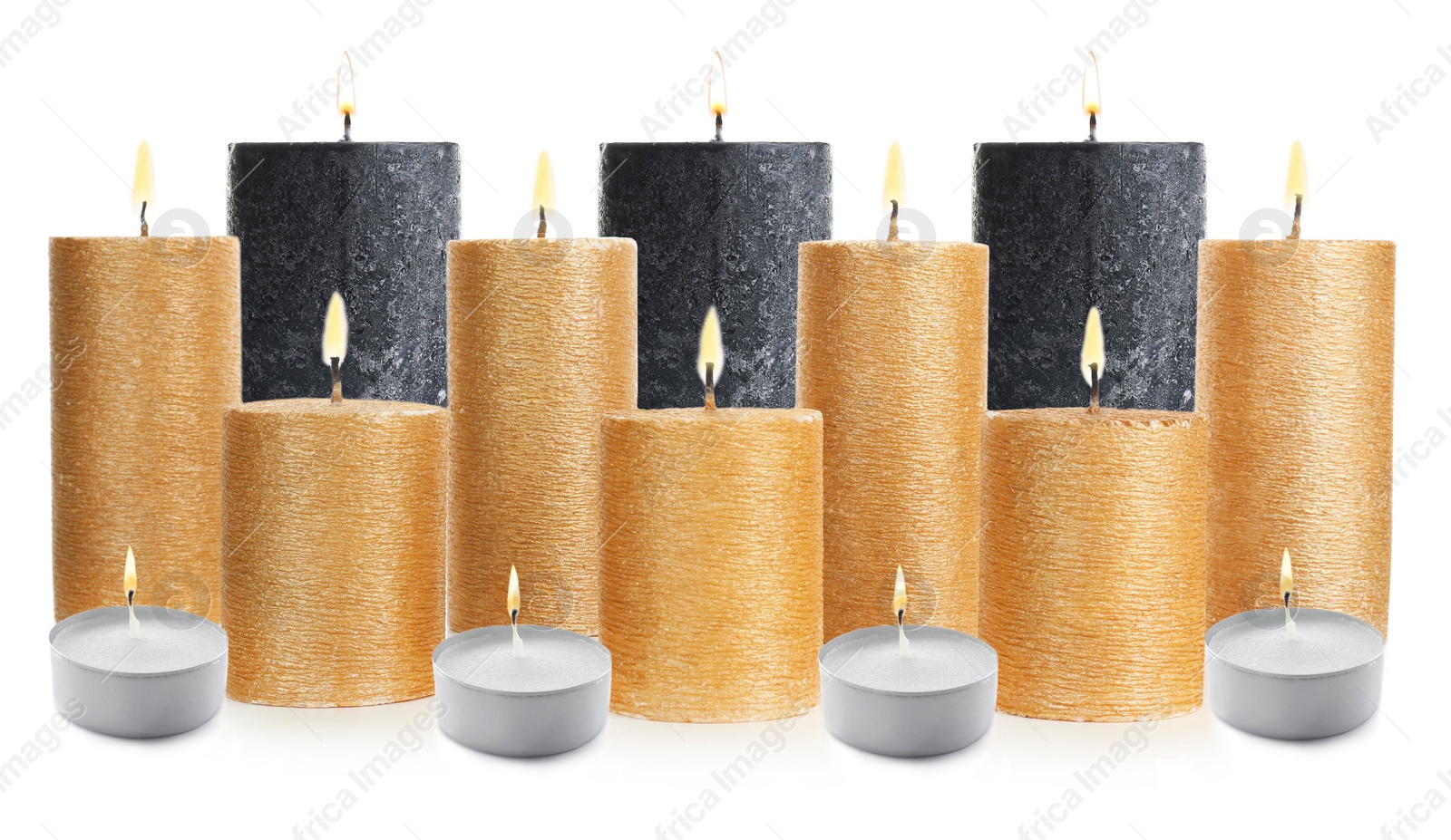 Image of Set of different burning candles on white background. Banner design