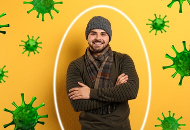 Man with strong immunity surrounded by viruses on yellow background