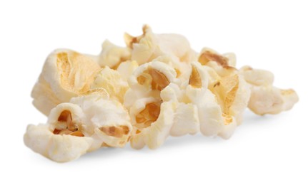 Photo of Fresh popcorn isolated on white. Tasty snack