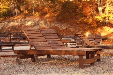 Resort with wooden sunbeds near forest on sunny autumn day