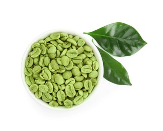 Photo of Bowl with green coffee beans and fresh leaf on white background, top view
