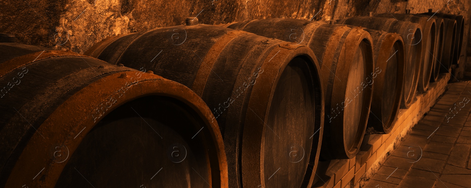 Image of Many wooden barrels in cellar, banner design