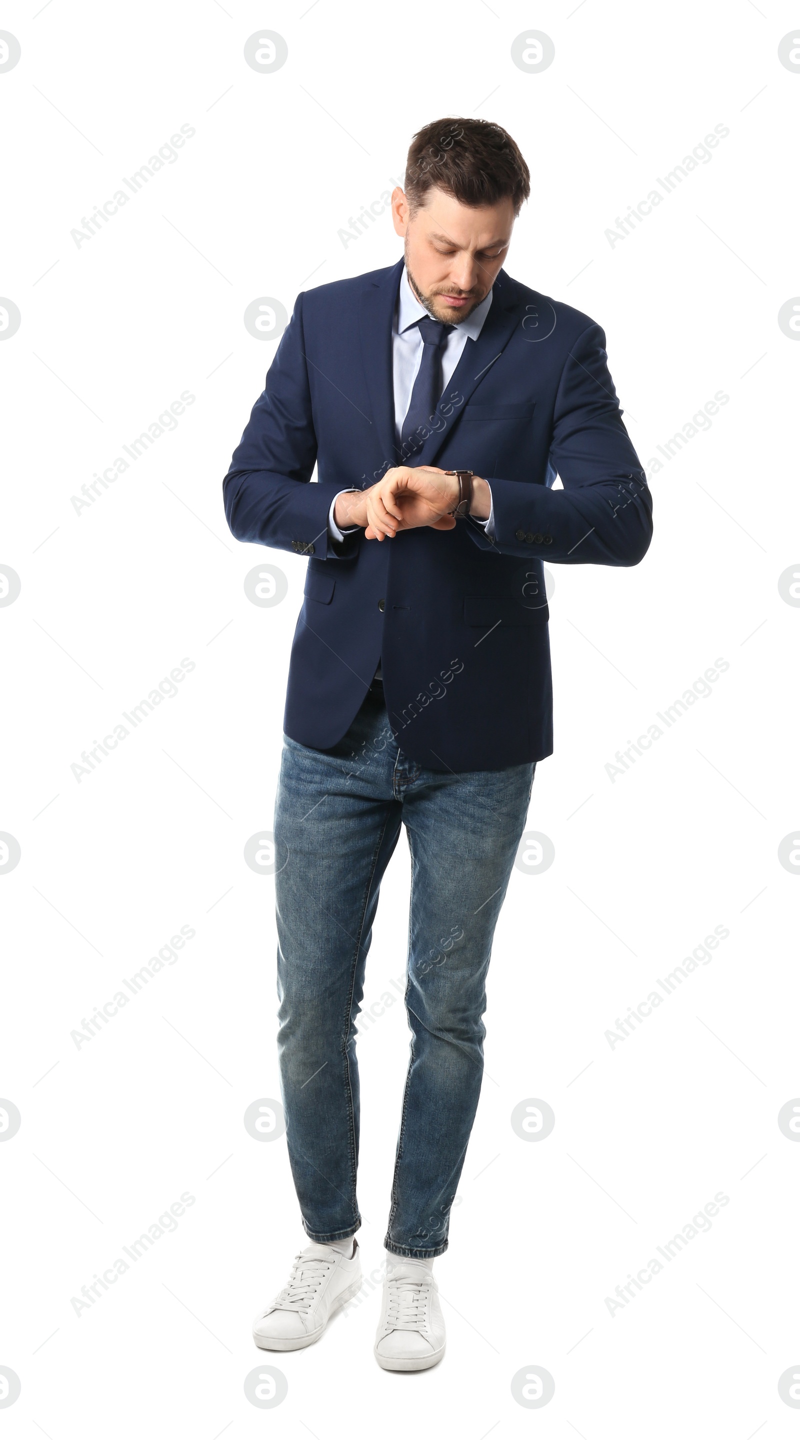 Photo of Full length portrait of businessman posing on white background