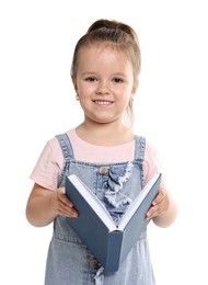 Cute little girl with book on white background