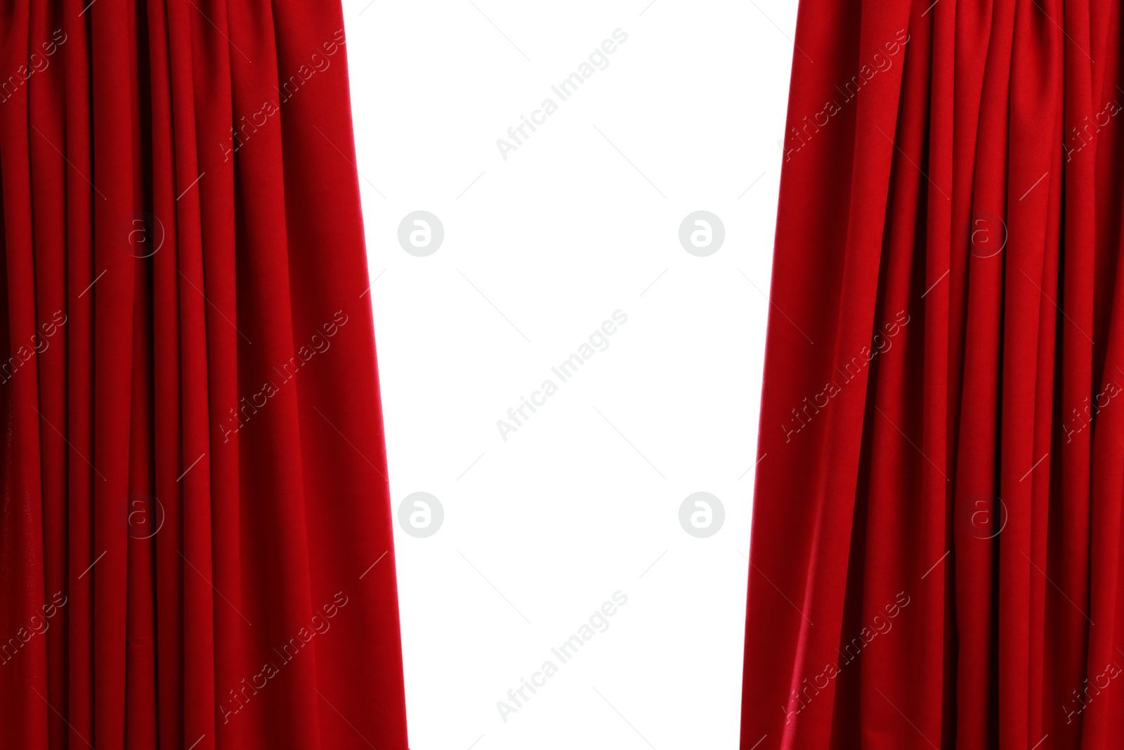 Photo of Open elegant red front curtains on white background