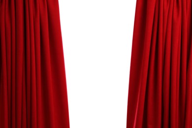 Photo of Open elegant red front curtains on white background