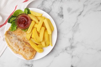 Photo of Delicious fish and chips with ketchup, spinach and lettuce on light marble table, top view. Space for text