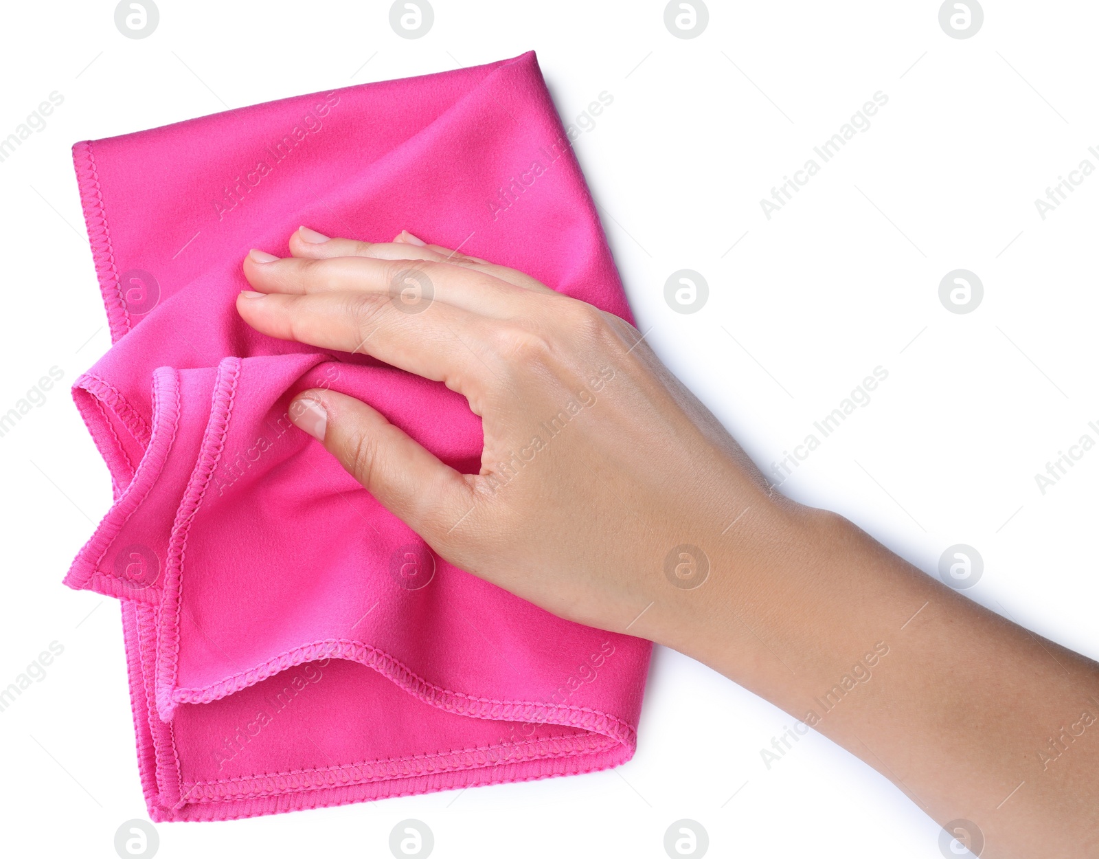 Photo of Woman with microfiber cloth on white background, closeup