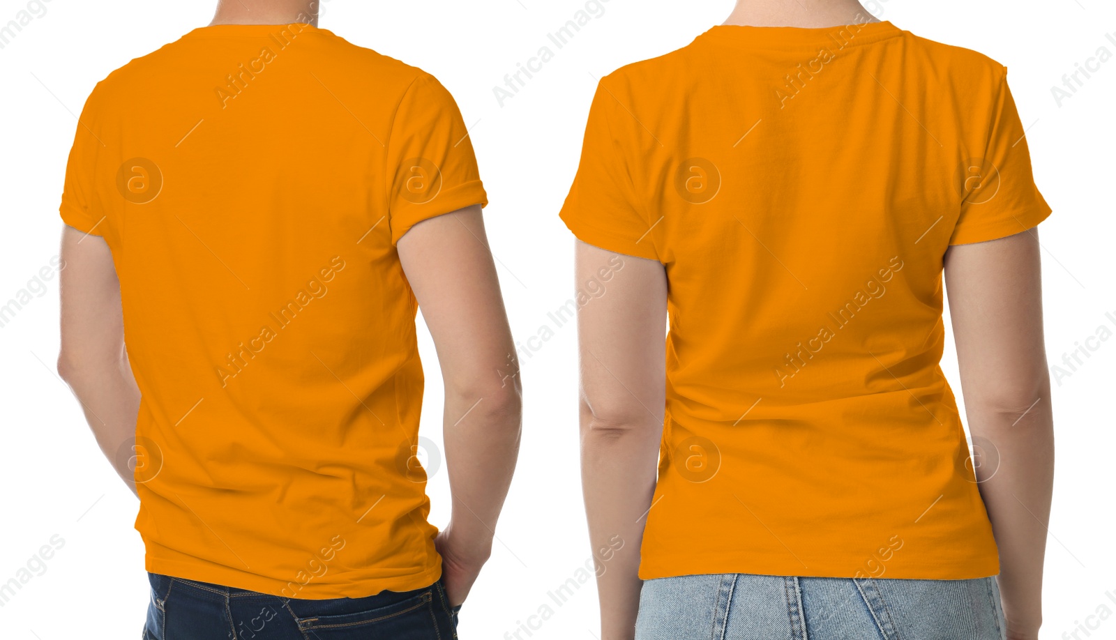 Image of Man and woman wearing orange t-shits on white background, back view. Mockup for design