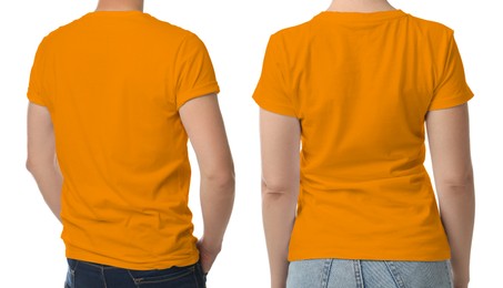 Image of Man and woman wearing orange t-shits on white background, back view. Mockup for design