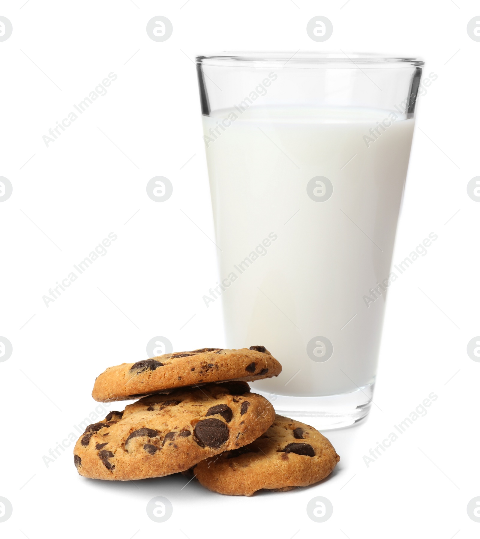 Photo of Tasty cookies with chocolate chips and glass of milk on white background