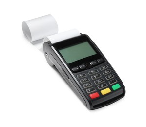 Payment terminal with thermal paper for receipt isolated on white