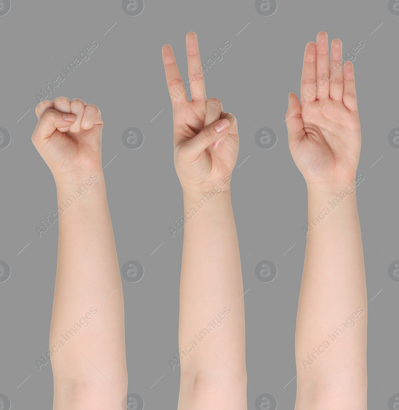 Image of People playing rock, paper and scissors on grey background, closeup