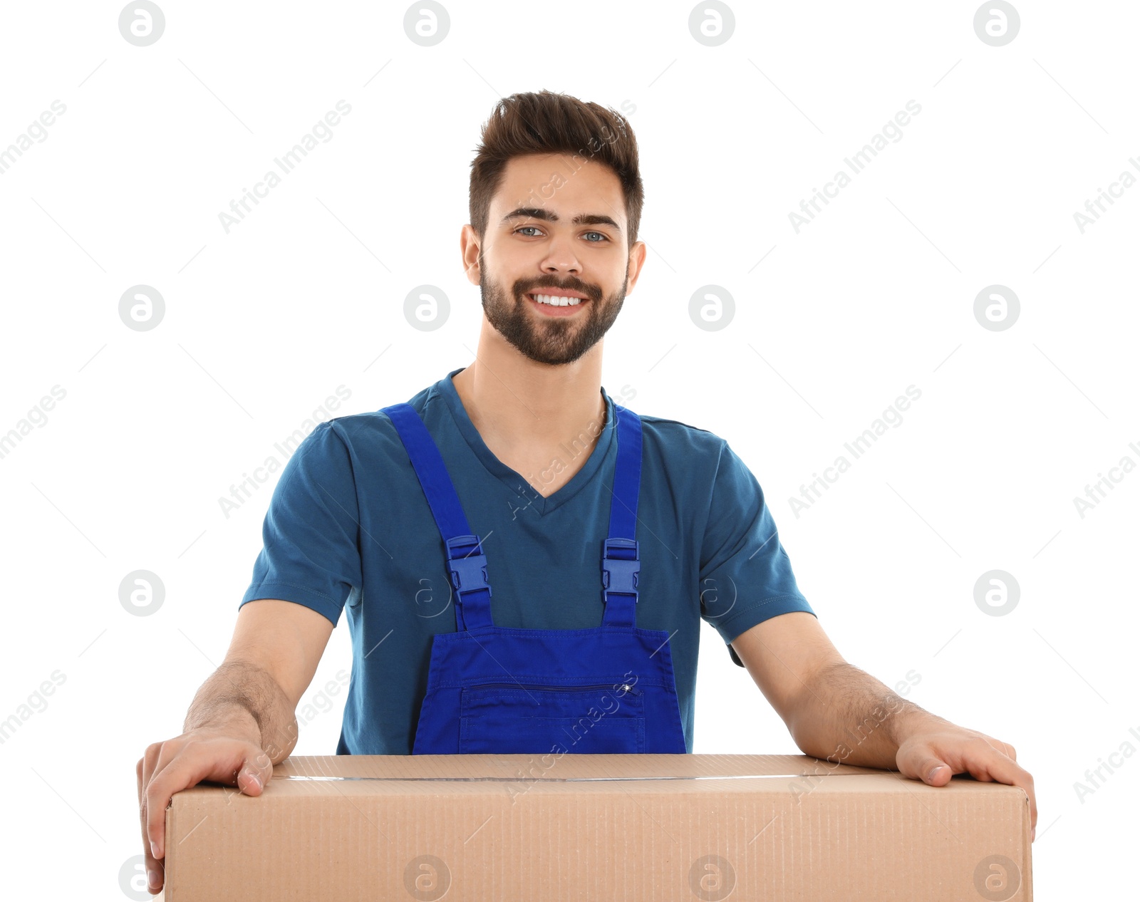 Photo of Young worker with box isolated on white. Moving service