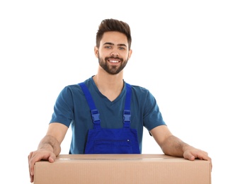 Photo of Young worker with box isolated on white. Moving service