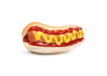 Image of Yummy hot dog with ketchup and mustard isolated on white