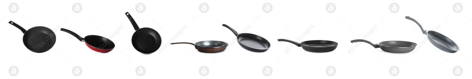 Image of Set with different pans on white background. Banner design