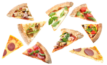 Set with slices of different pizzas falling on white background