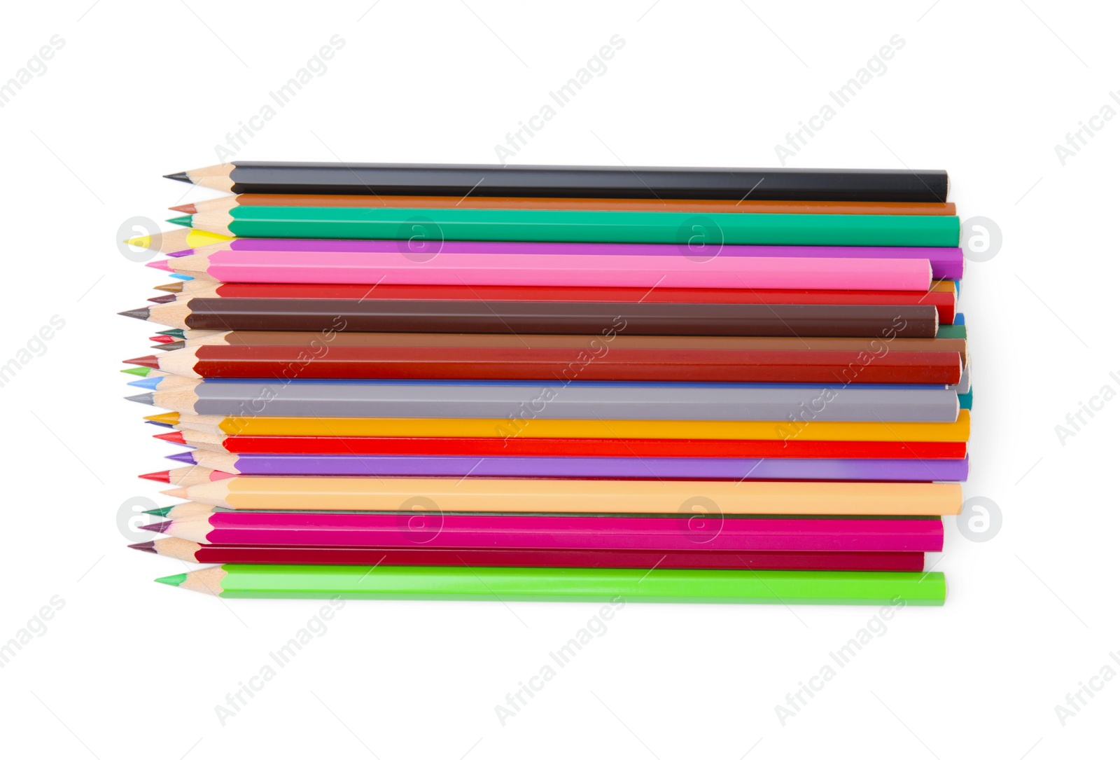 Photo of Pile of colorful wooden pencils on white background, top view