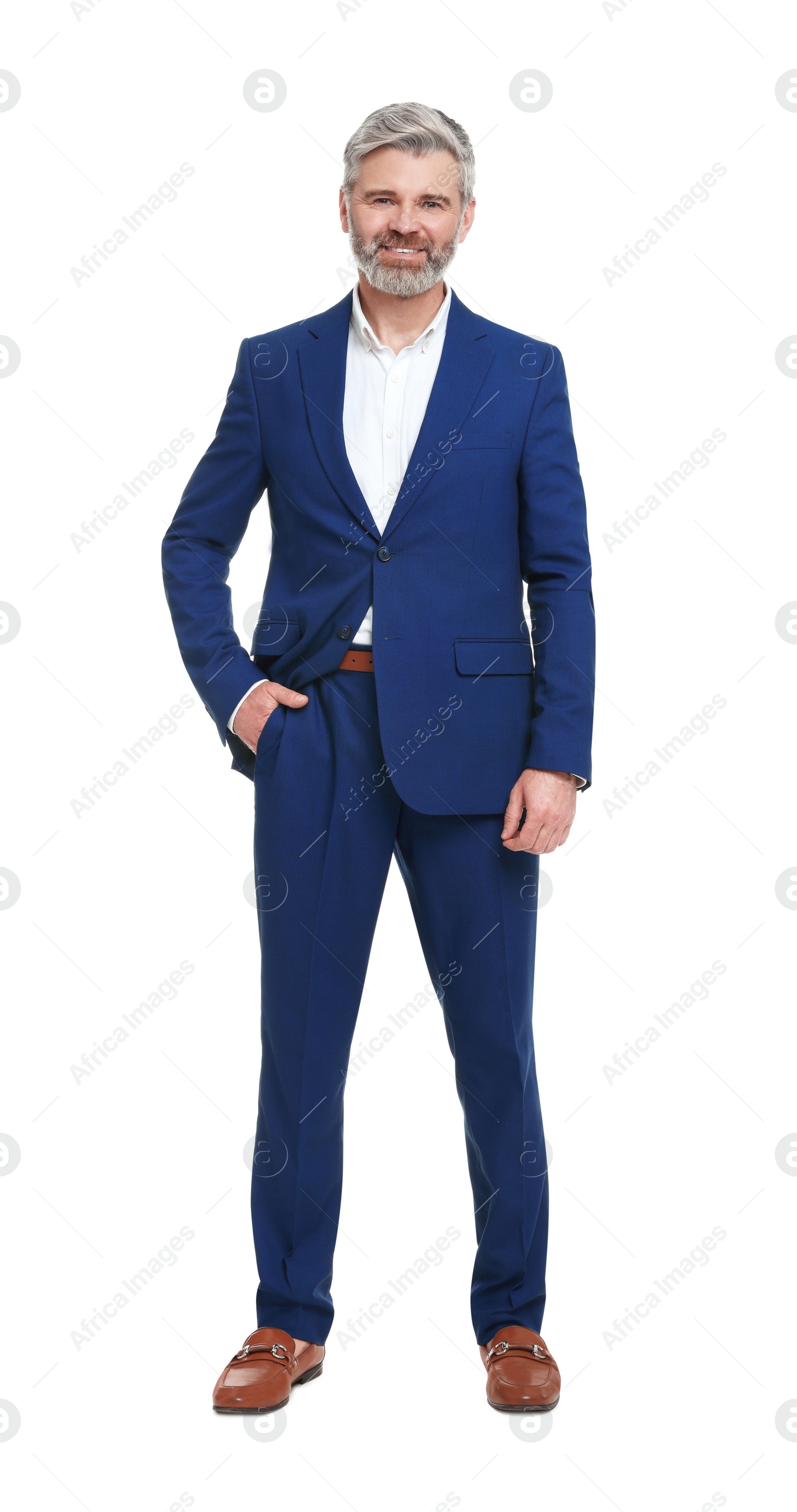 Photo of Mature businessman in stylish clothes posing on white background