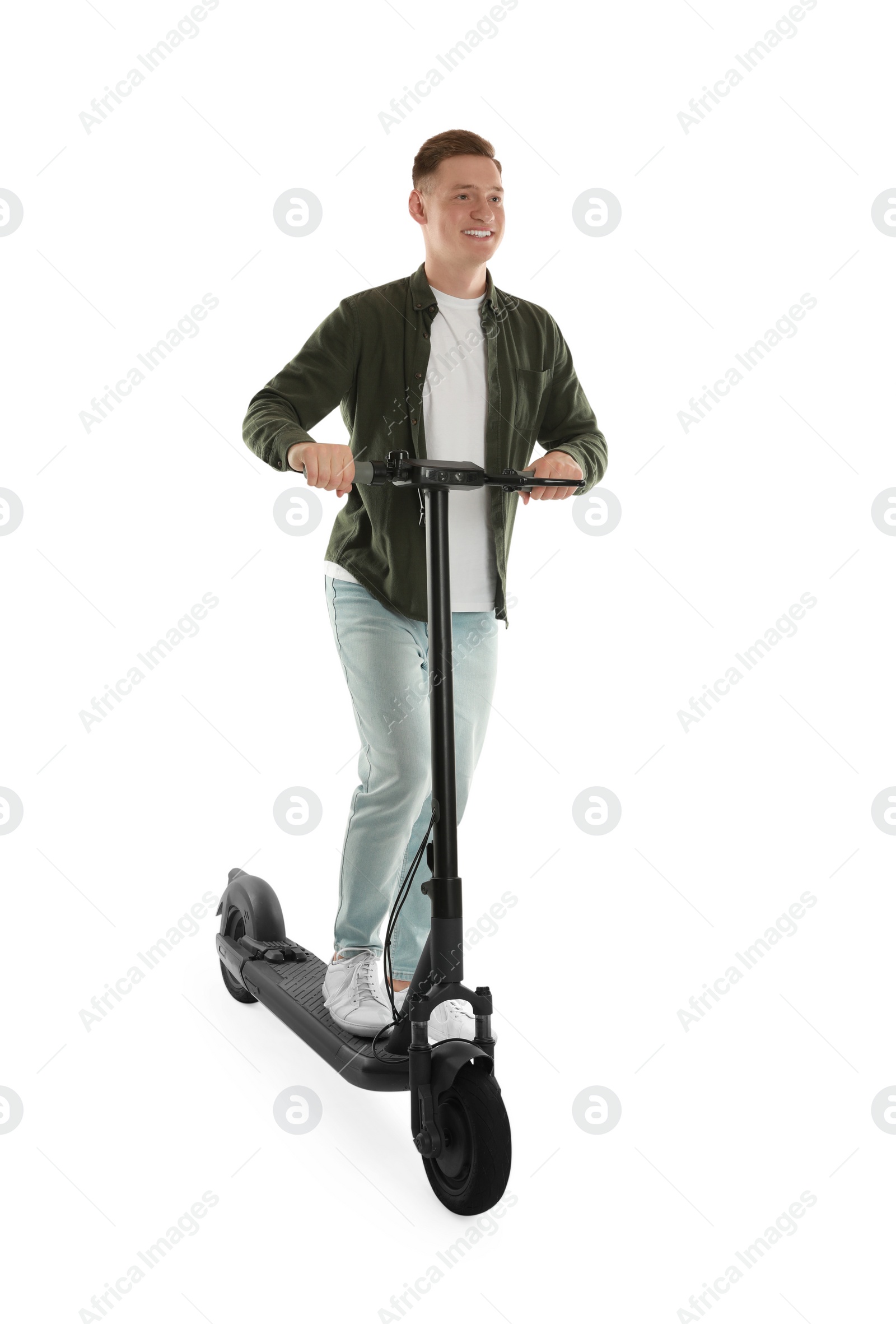 Photo of Happy man riding modern electric kick scooter on white background