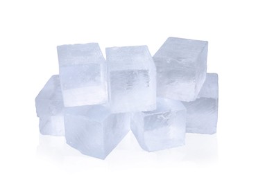 Many clear ice cubes isolated on white