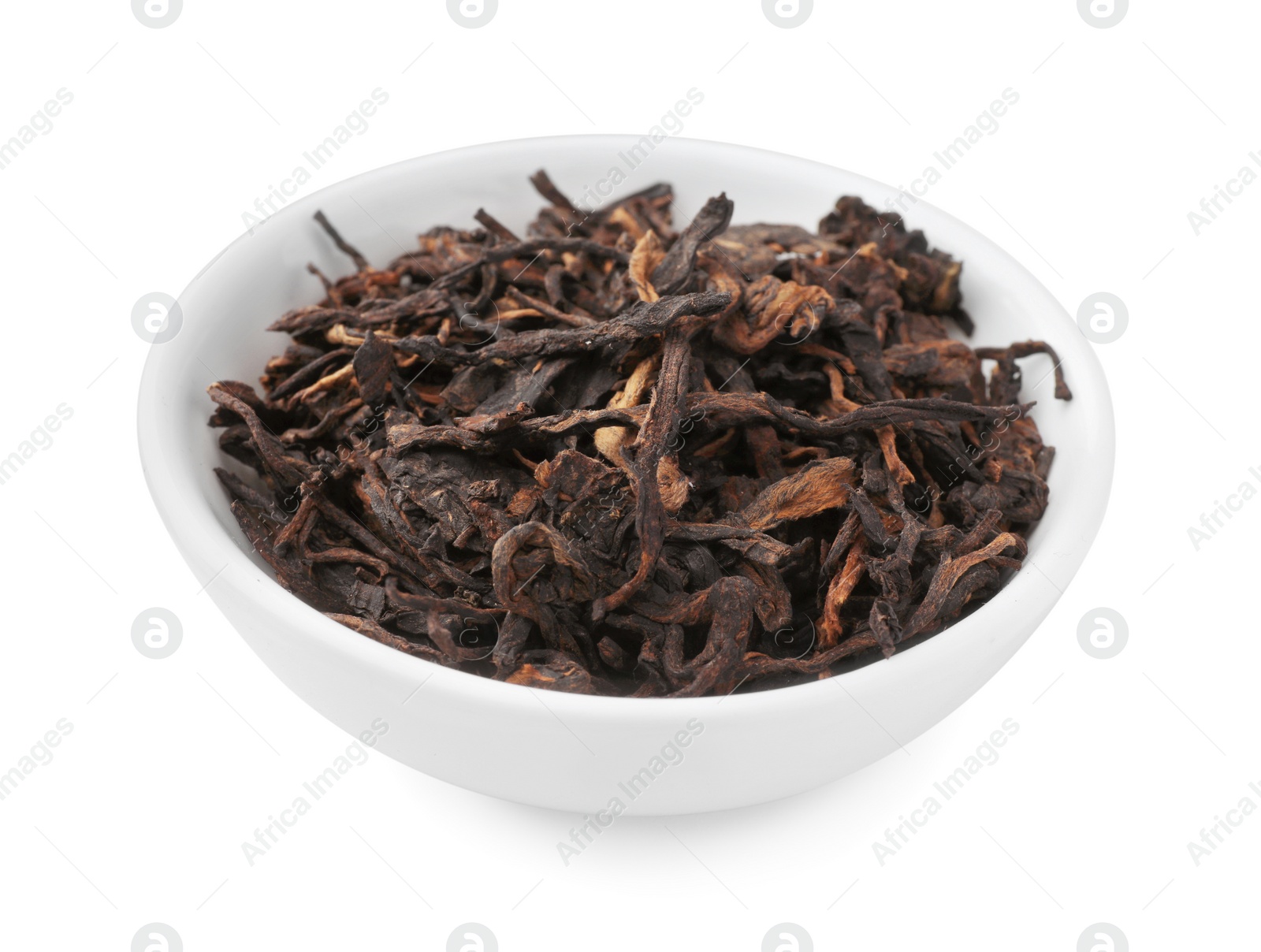 Photo of Bowl of traditional Chinese pu-erh tea leaves isolated on white