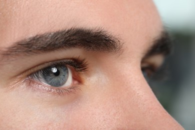 Closeup view of young man with beautiful grey eyes on blurred background