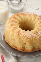 Photo of Delicious freshly baked sponge cake on table, closeup