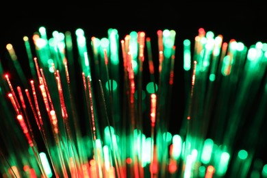 Optical fiber strands transmitting different color lights on black background, closeup