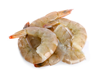 Photo of Fresh raw shrimps isolated on white, top view. Healthy seafood