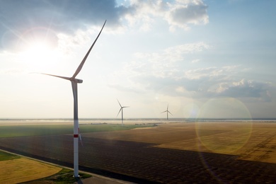 Image of Aerial view on modern wind turbines. Alternative energy source