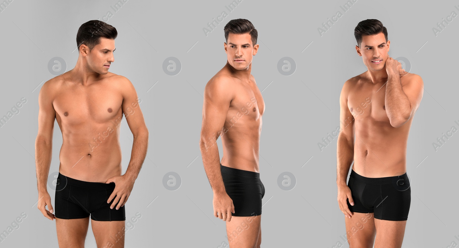 Image of Collage of man in underwear on grey background