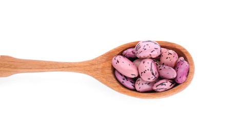 Photo of Wooden spoon with dry kidney beans isolated on white, top view