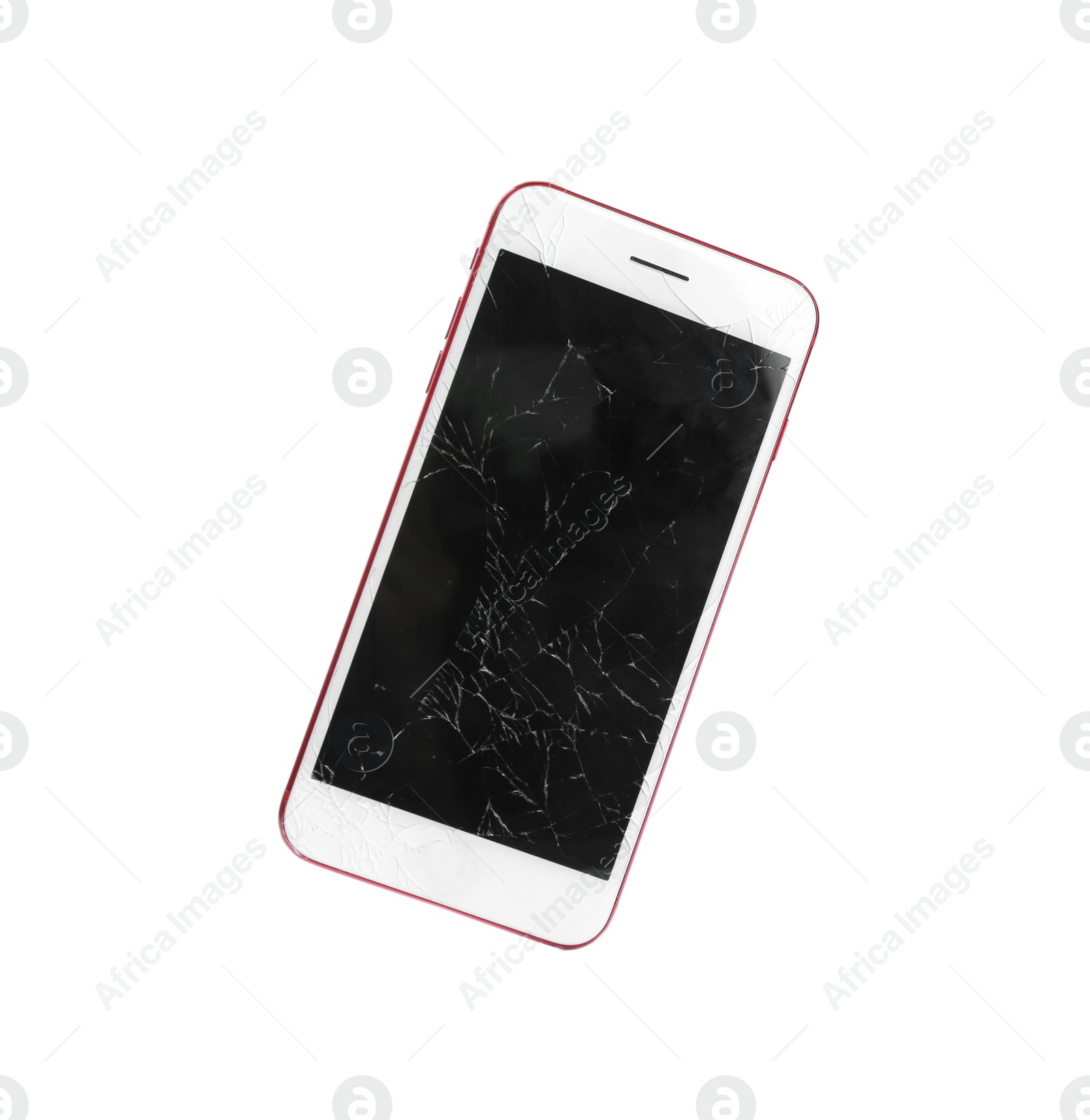 Photo of Modern smartphone with broken display isolated on white. Device repair service