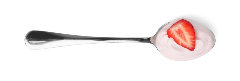 Photo of Delicious natural yogurt with fresh strawberry in spoon isolated on white, top view