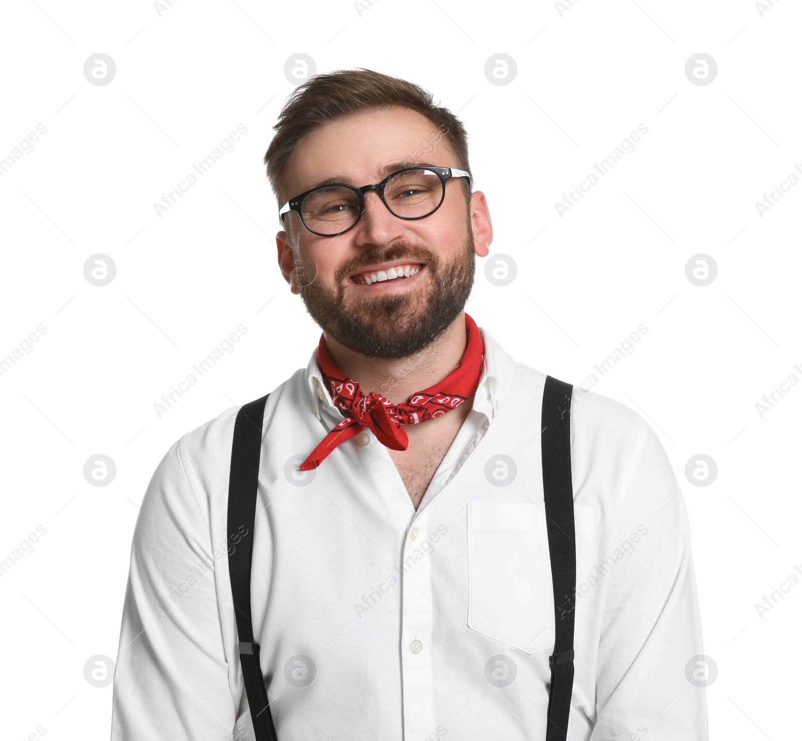 Photo of Fashionable young man in stylish outfit with bandana on white background