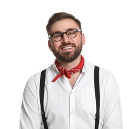 Fashionable young man in stylish outfit with bandana on white background