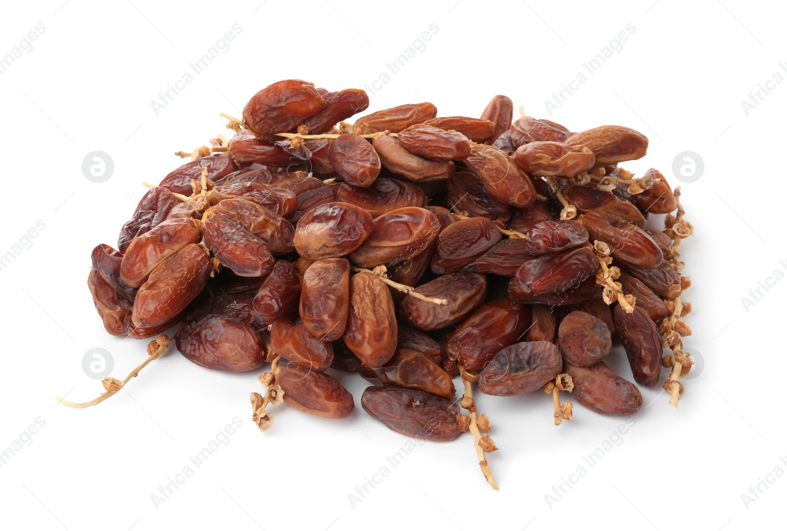 Photo of Sweet dates on branches against white background. Dried fruit as healthy snack