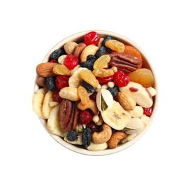 Bowl with different dried fruits and nuts on white background, top view