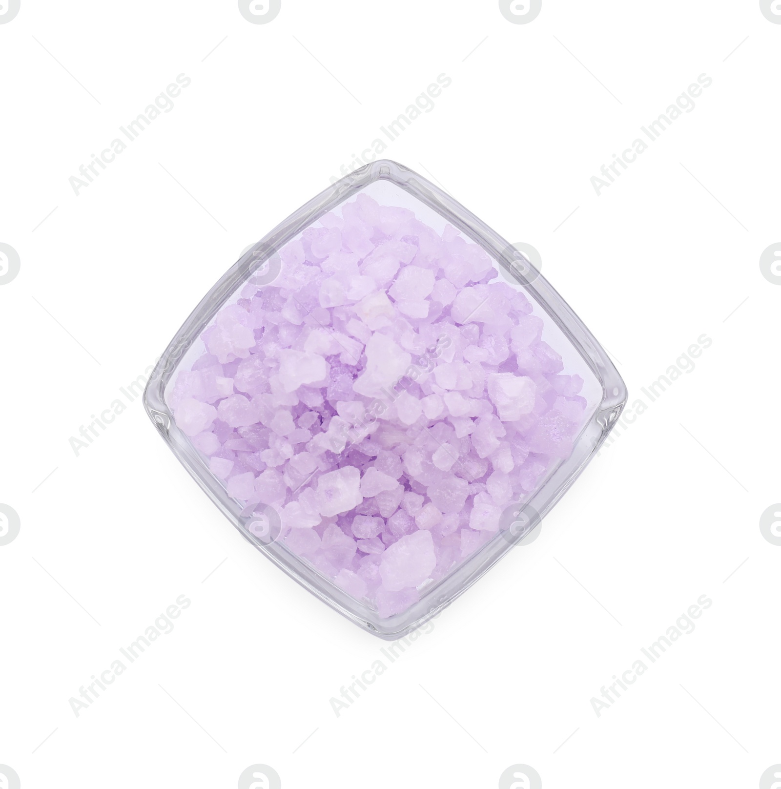 Photo of Glass bowl with violet sea salt isolated on white, top view