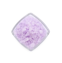 Photo of Glass bowl with violet sea salt isolated on white, top view