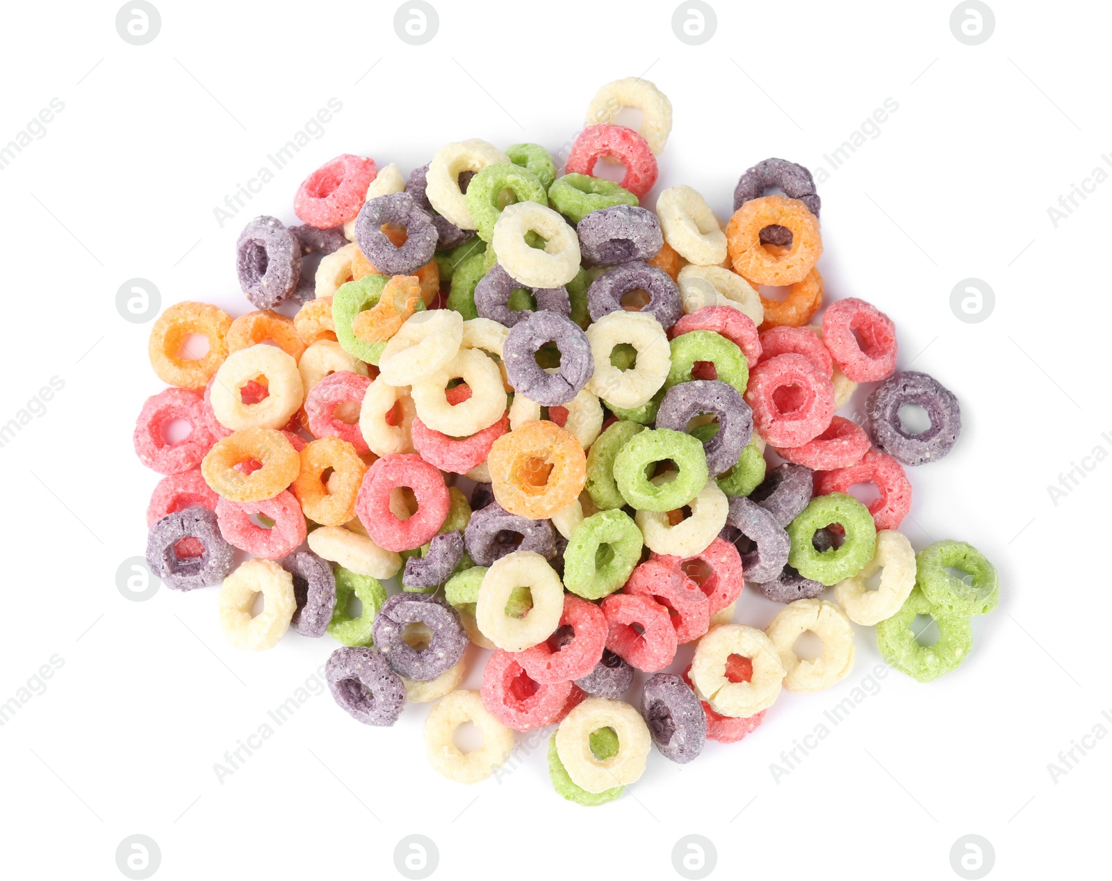 Photo of Sweet crispy corn rings on white background, top view. Breakfast cereal