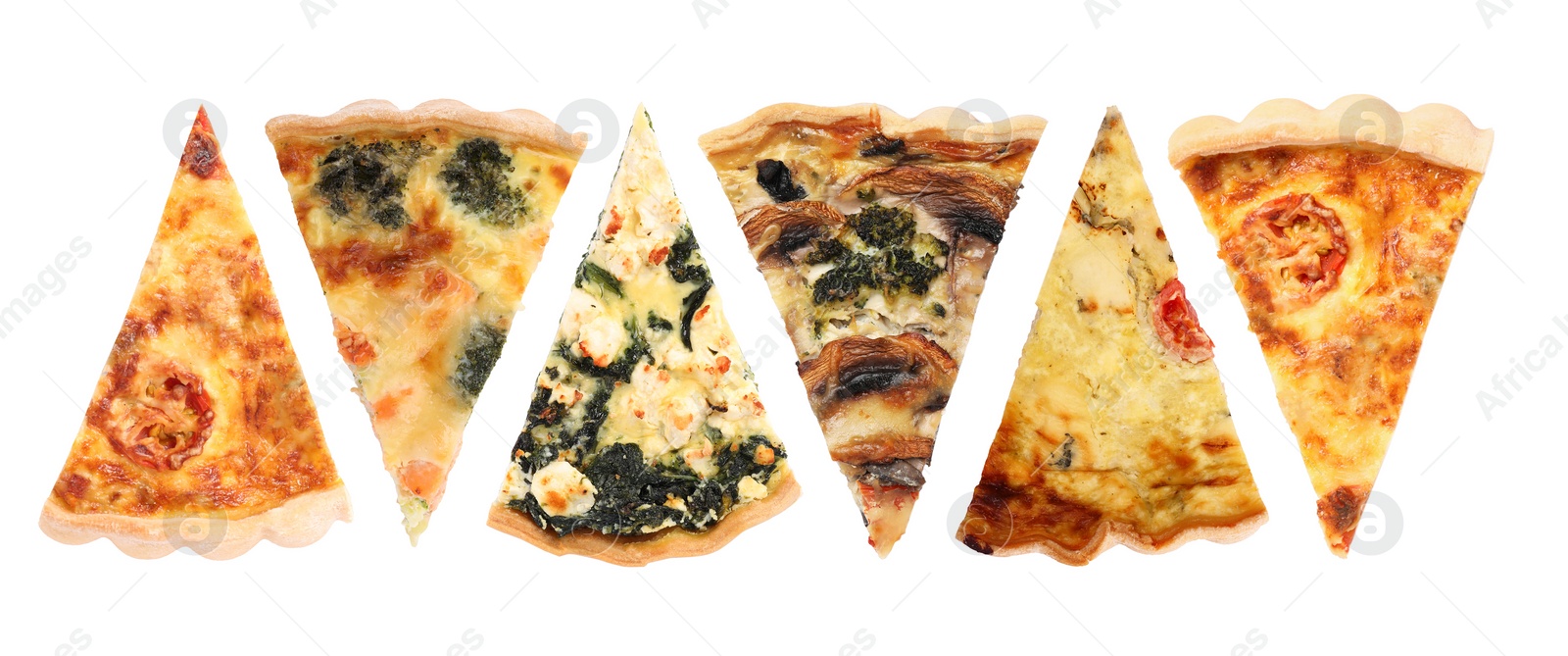 Image of Pieces of different quiches isolated on white, set. Top view