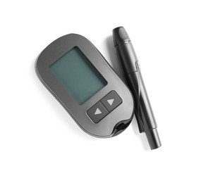 Photo of Glucometer and lancet pen on white background, top view. Diabetes testing kit