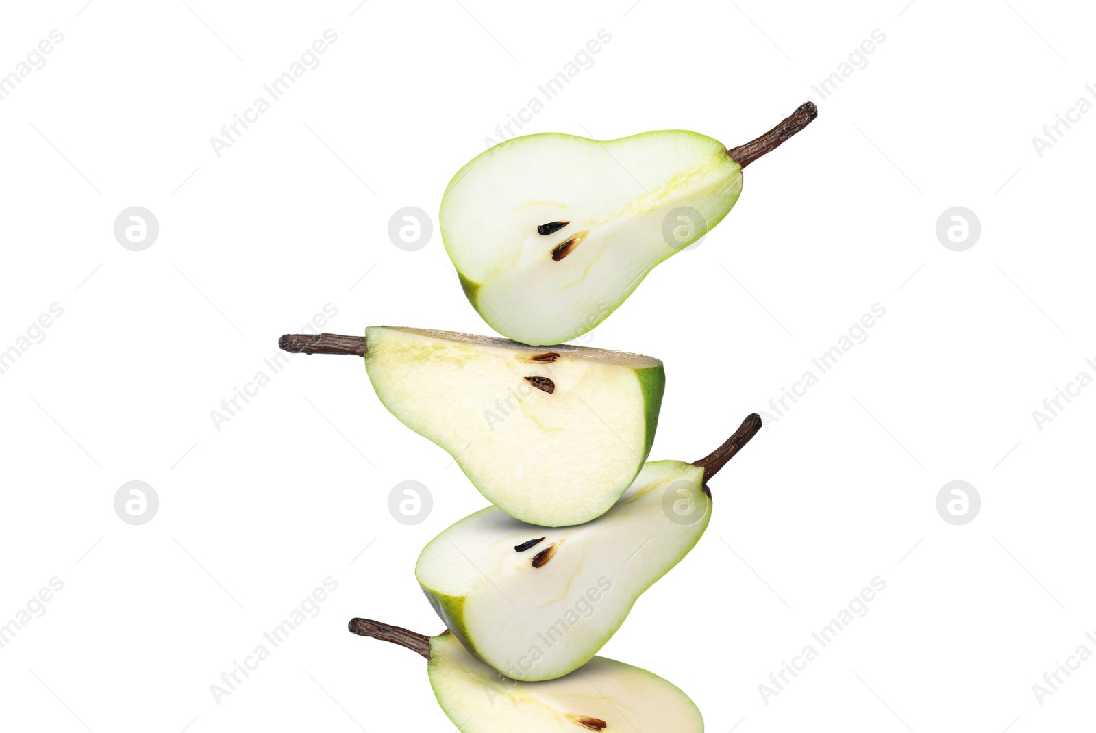 Image of Cut fresh ripe pears on white background